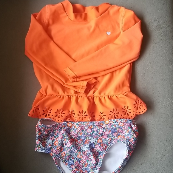 CARTER/'S® Baby Girls/' 12M Neon Orange Long Sleeve Rashguard Swim Set NWT